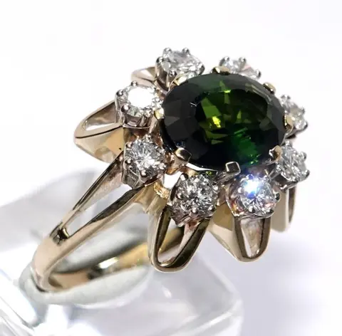 Handcrafted - 14 karaat Geel goud - Ring - 2.60 ct Toermalijn - Diamanten