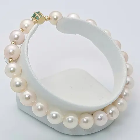 No reserve price - 14 karaat Akoya parels, Goud - Armband - 0.80 ct Smaragd