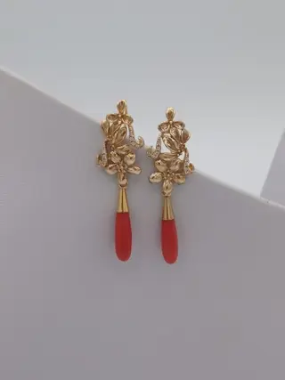 Coral - 925 Geel goud, Zilver - Oorbellen, Set - 30.00 ct Koraal