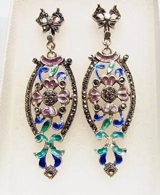 Goldschmiede-Arbeit in polychromen Emaille - 14 karaat Geel goud, Zilver - Oorbellen - gefacetteerd pyriet