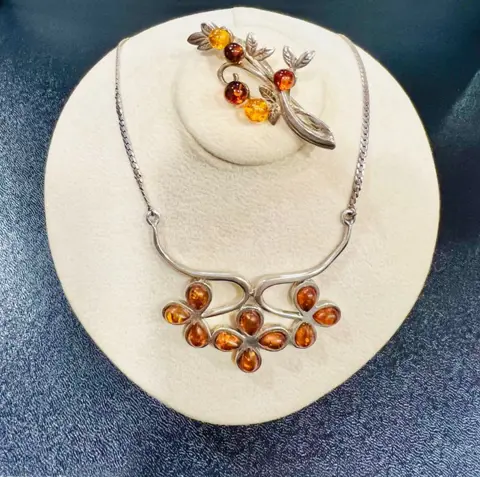 925 Zilver - Broche, Halsketting - Amber