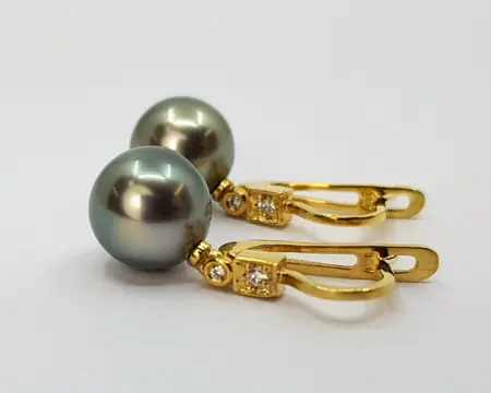 9x10mm Peacock Tahitian Pearls - 14 karaat Geel goud - Oorbellen - 0.07 ct