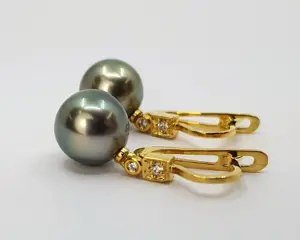 9x10mm Peacock Tahitian Pearls - 14 karaat Geel goud - Oorbellen - 0.07 ct