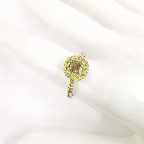 0.60 ct vs fancy brownish yellow & 0.50 ct fancy intense yellow diamonds designer double halo ring - 14 karaat Witgoud - Ring Diamant - Diamanten, AIG gecertificeerd zonder reserve