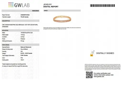 5.00 ct pink color GW certified - 14 karaat Rosé goud - Armband - 5.00 ct - geen minimumprijs