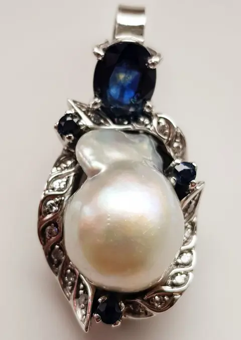 Witgoud - Hanger Natuurlijke parel - Diamanten, Saffieren