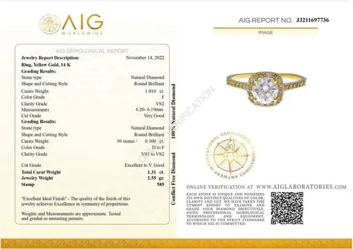 1.31 ct. t.w. F/VS2Round Diamond Ring - 14 karaat Geel goud - Ring Diamant - Geen reserve
