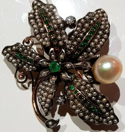 18 karaat Geel goud - Broche Smaragd - Diamanten, Smaragdgroene kralen