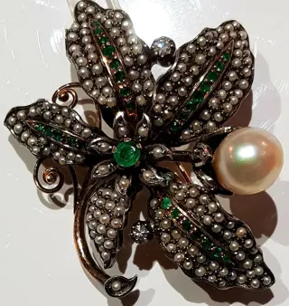 18 karaat Geel goud - Broche Smaragd - Diamanten, Smaragdgroene kralen