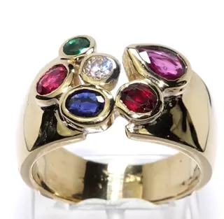 HANDCRAFTED - 14 karaat Geel goud - Ring - 0.15 ct Diamant - Robijnen, Saffieren, Toermalijnen