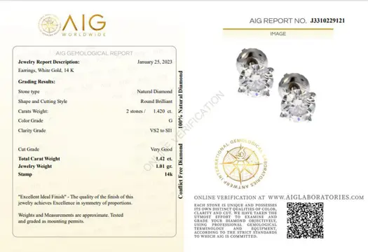 1.42 CtVS-SI Round Diamond Earrings - 14 karaat Witgoud - Oorbellen Diamant - Geen reserve
