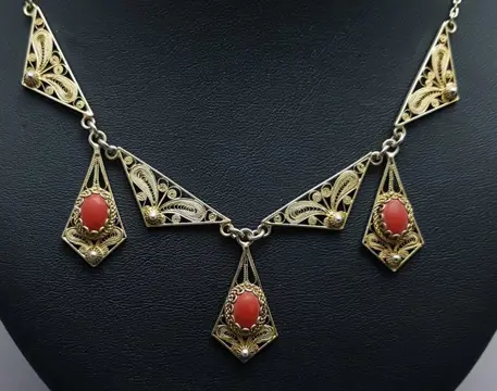 Art Deco, Bloedkoraal - 835 Zilver - Halsketting