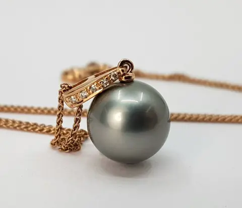 11x12mm Round Tahitian Pearl - 14 karaat Rosé goud - Hanger - 0.04 ct