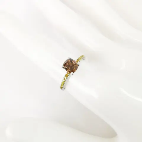 1.00 ct fancy deep orangy brown & 0.26 ct fancy intense yellow diamonds designer solitaire ring - 14 karaat Witgoud - Ring Diamant - Diamanten, AIG gecertificeerd zonder reserve