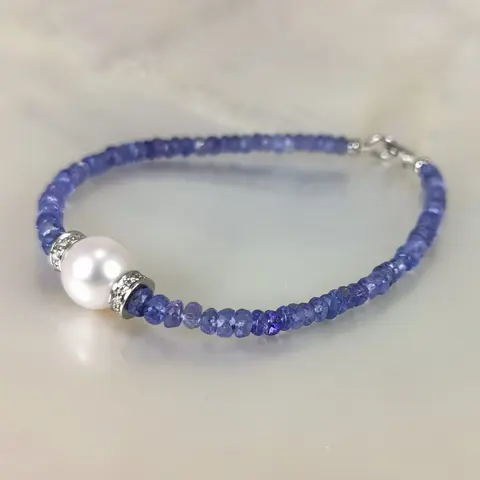 Akoya RD Ø 10 mm - 18 karaat Witgoud - Armband Zuidzee parel - Diamanten, Tanzanieten