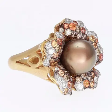 18 karaat Geel goud - Ring - 11.00 ct Zuidzee parel - Diamanten, Saffieren