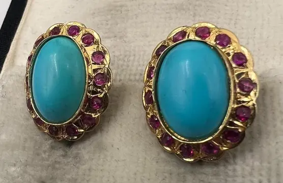 NO RESERVE PRICE - 18 karaat Geel goud - Oorbellen Robijn - Turkooizen