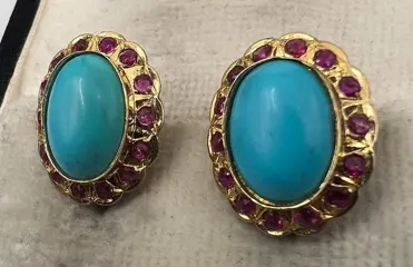 NO RESERVE PRICE - 18 karaat Geel goud - Oorbellen Robijn - Turkooizen