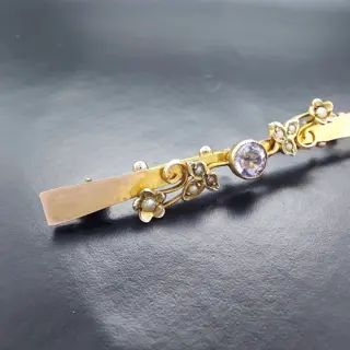 Antique Victorian - 9 kt. Geel goud - Broche - 0.30 ct Amethist - Parels