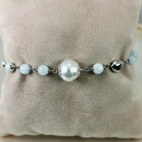 No Reserve Price - Big Southsea pearl Ø 13 mm - 925 Zilver - Armband Zuidzee parel - Aquamarijnen