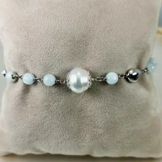 No Reserve Price - Big Southsea pearl Ø 13 mm - 925 Zilver - Armband Zuidzee parel - Aquamarijnen