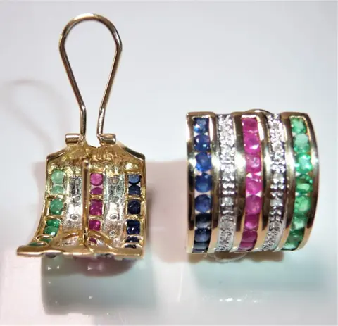 14 karaat Geel goud - Oorbellen - 0.28 ct Diamanten - Robijn, saffier, smaragd - clip met stud - 11,2 gram!