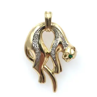 Panther - 14 karaat Geel goud - Hanger - 0.34 ct Diamant - Smaragden, getest