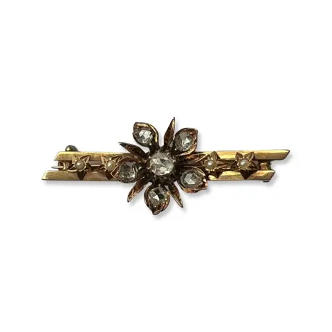 14k Diamond, Pearl Antique Brooch