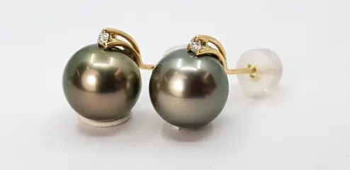 no reserve - 9x10mm Round Tahitian Pearls - 14 karaat Geel goud - Oorbellen - 0.04 ct