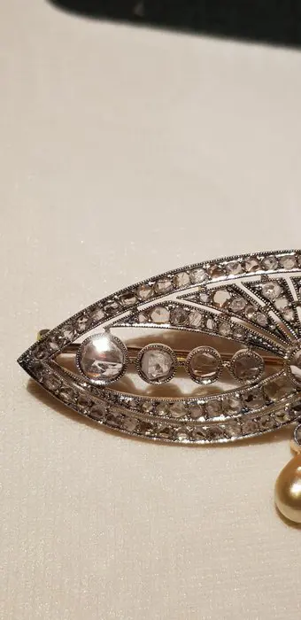 18 karaat Geel goud, Platina - Broche Diamant - Diamanten, parels