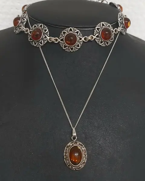 925 Zilver - Armband, Collier met hanger, Set - Handgemaakt - Amber