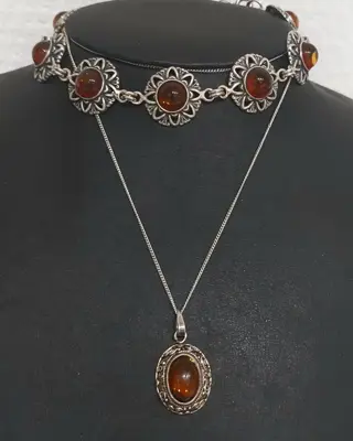 925 Zilver - Armband, Collier met hanger, Set - Handgemaakt - Amber