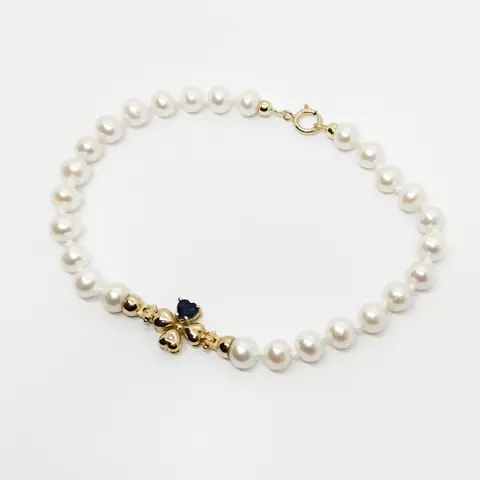 18 karaat Geel goud, Goud, Zoetwater parel - Armband - 0.45 ct Saffier - Diamanten