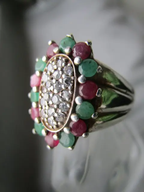 925 Zilver - Ring - Robijnen, Smaragden, Bergkristallen
