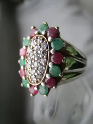 925 Zilver - Ring - Robijnen, Smaragden, Bergkristallen