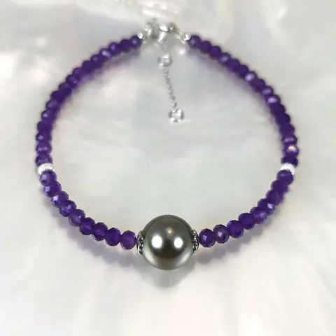 round Tahitian pearl Ø 10x11 mm - 925 Tahitiaanse parel, Zilver - Armband - Amethisten