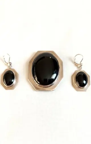 Vee Kee - 800 Zilver - Broche, Hanger, Oorbellen Onyx