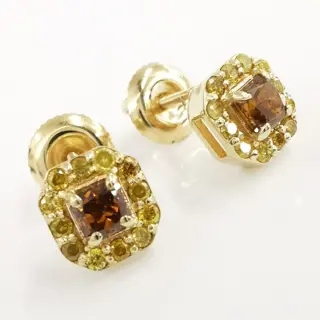 0.50 ct vs fancy deep brownish orange & 0.30 ct fancy intense yellow diamonds designer halo stud - 14 karaat Geel goud - Oorbellen Diamant - Diamanten, AIG gecertificeerd zonder reserve