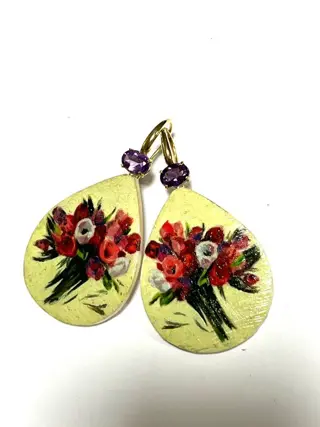 18 karaat Geel goud - Oorbellen Amethist - geschilderd parelmoer