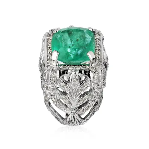 18 karaat Witgoud - Ring - 8.20 ct Smaragd - Diamanten