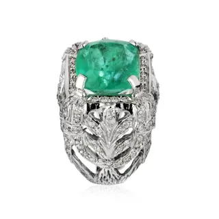 18 karaat Witgoud - Ring - 8.20 ct Smaragd - Diamanten