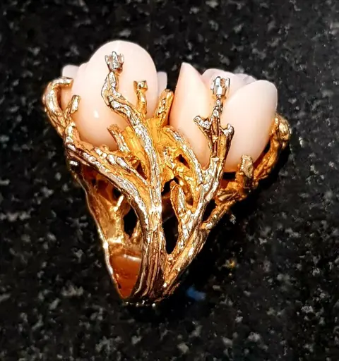 14 karaat Geel goud - Ring Koraal - Diamanten