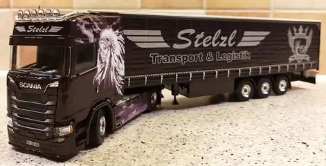 Tekno - 1:50 - Scania S650/V8 - trekker met schuifzeilentrailer "Stelzl"