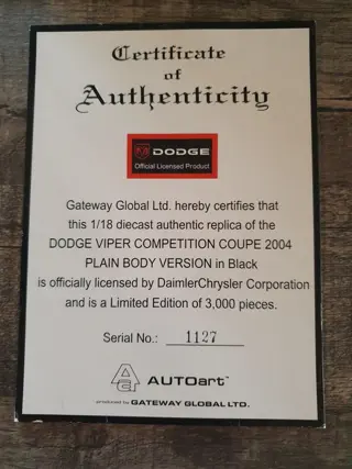 Autoart - 1:18 - Dodge viper - Met certificaat