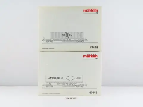 Märklin H0 - 47448/47446 - Goederenwagon - 2x 4-assige wagens voor het vervoeren van trailers met lading, onderdeel "Rollende Landstrasse" - B Cargo, TRW