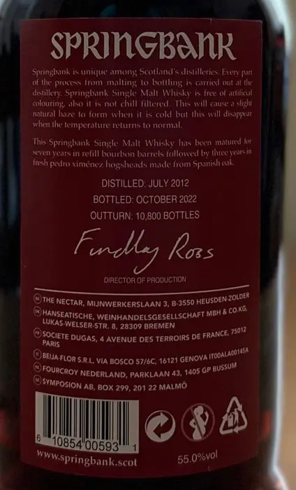 Springbank 2012 10 years old Pedro Ximenez Cask Matured - Original bottling - b. 2022 - 70cl