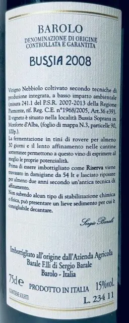 2008 Barale Fratelli Selezione Sergio Barale Bussia - Barolo Riserva - 2 Flessen (0.75 liter)