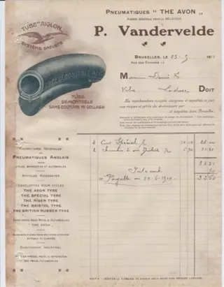 Oude factuur P. Vandervelde, Brussel, 1910, The Avon