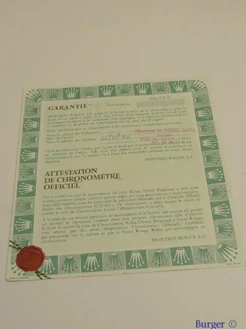 Rolex Warranty Certificate Ref: 69173