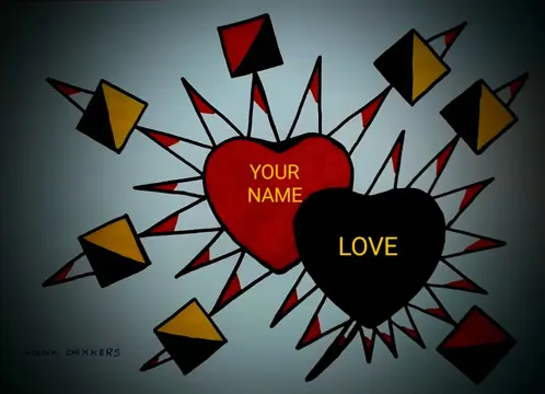 Te koop schilderij van Henk Dekkers met uw naam of van uw geliefde in het rode hart geschreven